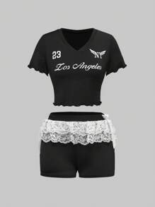 ROMWE Street Life Conjunto de 2 piezas de top de manga corta con cuello en V y estampado de carta y shorts de estilo casual de ballet multicapa con lazo para niña atlética - Negro - Ver 1