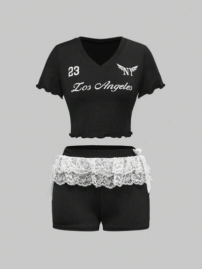 Street Life Completo da ragazza atleta in stile casual da ballerina, composto da top a maniche corte scollo a V con stampa a lettera e pantaloncini, in 2 pezzi, con multi-strato di nastri a fiocco