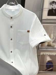 SHEIN Teen Boys Textured Wave Pattern Short Sleeve Shirt And Shorts Set, Casual & Comfortable, Spring/Summer - Grey - View 3