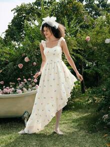 SHEIN MOD Beige Organza Ditsy Floral Dress,  Long Summer Dress,Bohemian Dress,Western Dress,Easter Dress,Vacation Dresses Woman,Summer Dresses For Women,Modest Dresses For Women,Flowy Dress,Graduation Dress,Vintage Dress,Floral Dress Women