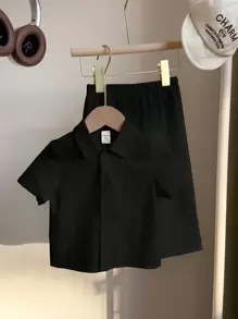 SHEIN Baby Boy/Girl 2pcs Set: Solid Color Textured Fabric Polo Collar Short Sleeve Top And Elastic Waist Long Pants, Casual & Versatile For Spring, Summer, Autumn, Suitable For Home, Outings, School, Sports - Black - View 4