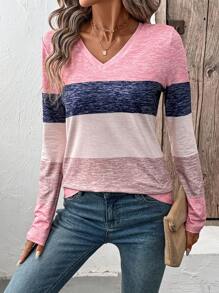EMERY ROSE Shiny Striped Print V-Neck Long Sleeve T-Shirt Graphic Tees Women Tops For Spring - Multicolor - View 5