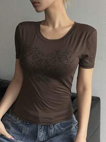 DAZY Women's Slim Fit Round Neck Printed T-Shirt, Spring Style Weekend, Summer - Coffee Brown - View 4