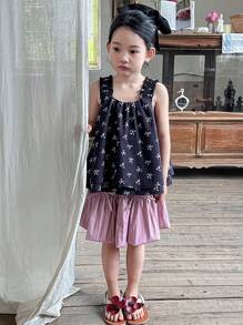 DAZY 2pcs/Set Young Girl Vacation Casual Ditsy Floral Print Vest And Skirt Set,Girls Summer Outfits - Black - View 4