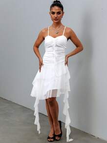 SHEIN Unity All White Mesh Splicing Fitted Spaghetti Strap Ruched Bust Gathered Mini Dress, Elegant 70s Party Wedding Date Summer Style For Women - White - View 7