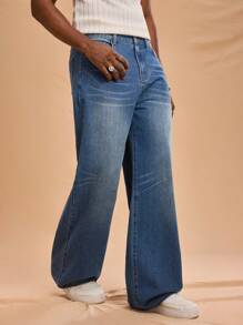 Forever 21 Men's New Spring Summer Retro Washed Wide Leg Classic Denim Jeans Pants - Medium Wash - View 7