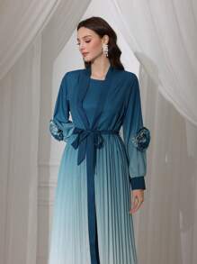 Modelyn 2pcs Women Ombre Printed 3D Flower Pleat Long Sleeve Coat & Dress Set - Teal Blue - View 3