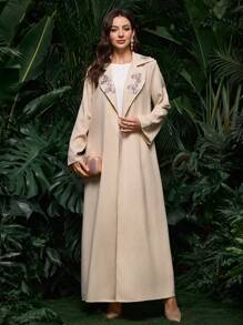 Al Najma Thêu cổ áo Mandarin Abaya thanh lịch và sang trọng - Màu be - Xem 7