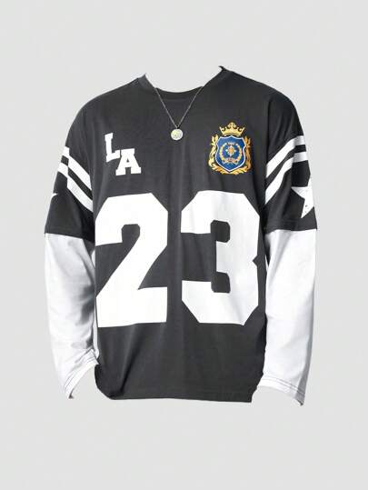 Prep Camiseta casual de manga larga cuello redondo de unicolor con parche y estampado de dígitos para hombre