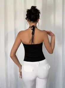 Selianne Áo yếm hở lưng họa tiết hoa 3D bằng kim loại dành cho nữ - Đen và vàng - Xem 2