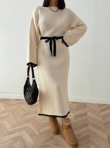 EURMUSE 大码套头毛衣裙下摆和袖子细节 - 黑與白 - 查看 5