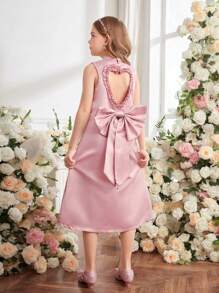 Vestido solto sem mangas com decote halter e decote em A, com decote em coração e renda com babados e laço - Rosa - Ver 4