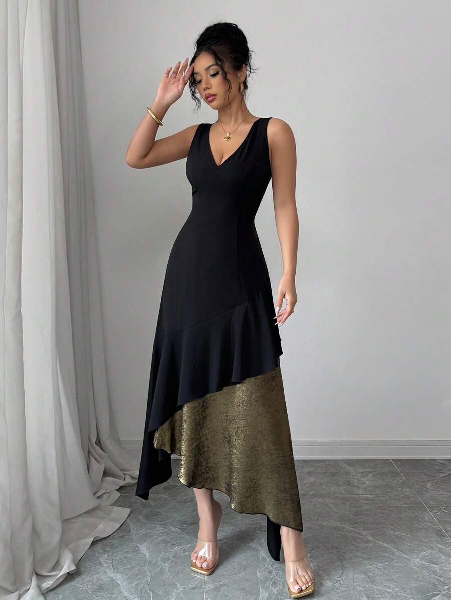 Elenzga V 领无袖腰部收紧优雅撞色荷叶边不对称下摆连衣裙 - 黑色 - 查看 1