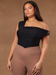 Hauture Plus Size Black Mesh Ruched Bodysuit,Classy Asymmetric Neckline Side Ring Top,Autumn Night Out Club Women Outfit For Date Night,Concerts,Parties - Black - View 3