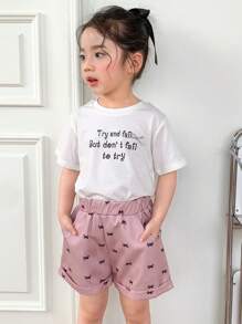 DAZY 2pcs/Set Young Girl Slogan Printed Short Sleeve Top And Bow Print Shorts Set,Girls Summer Outfits