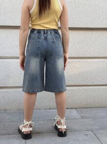 时尚柔软水洗无弹力休闲牛仔裤，适合女孩，薄款，适合夏季 - 中等水洗藍 - 查看 3