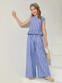 Firerie Kids Firerie Kids Nova Glow Tween Girls Vacation Casual Striped Sleeveless Top And Straight Leg Pants Set Holiday Outfits - Blue - View 5