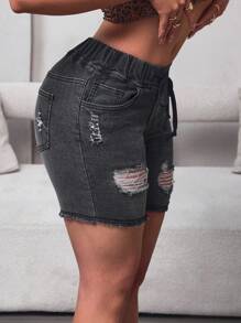SHEIN SXY Short Denim Skinny Casual Destroyed Lavado - Cinza Claro - Visão 3