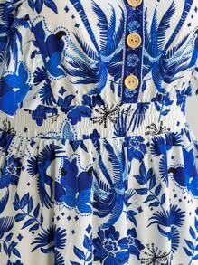 Soleia Plus Size Women's Holiday Blue & White Patterned V-Neck Wood Button Accent Fit & Flare Mini Dress - Multicolor - View 5