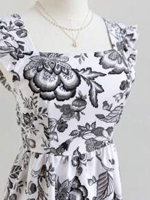 Soleia 休闲度假盖袖露背系带定位印花蓝白印花女式连衣裙