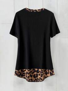 Rusticease Camiseta casual de manga corta con estampado de splicing de leopardo y negro para mujer, para primavera/verano - Multicolor - Ver 2