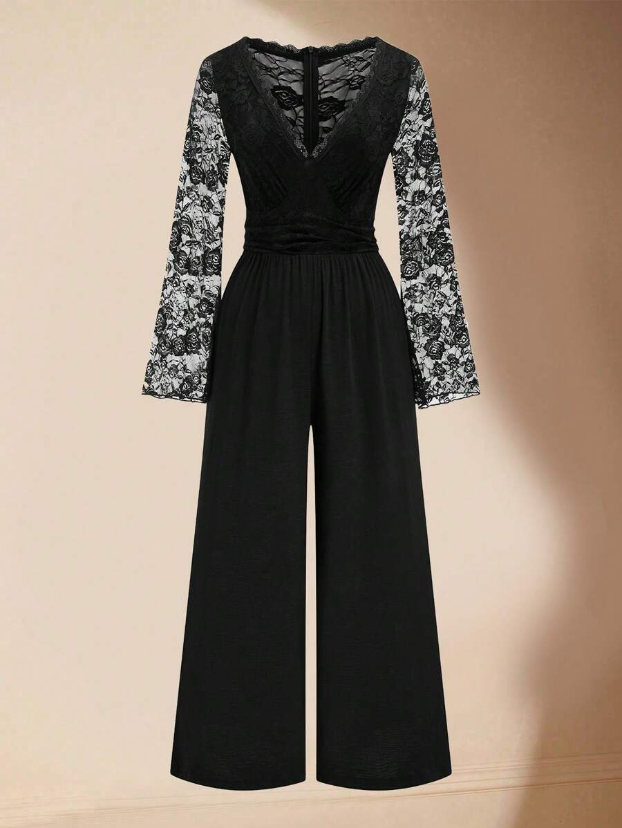 SHEIN Unity Plus Size Romantic Lace Patchwork Long Sleeve Casual Jumpsuit - Black - View 1