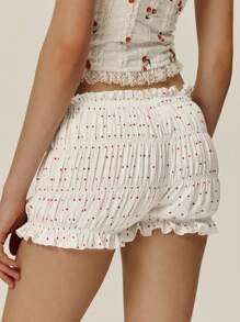 Poéselle 女士休闲简约日常短裤，可爱的波尔卡圆点褶饰短裤，带蝴蝶结细节，别致的夏季荷叶边短裤， - 白色 - 查看 2