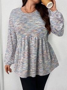 SHEIN LUNE 大码女式春/秋扎染印花荷叶边下摆灯笼袖圆领 T 恤