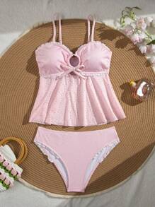 Swim Mod 2 件女式甜美花卉蕾丝镂空系带可调节比基尼套装，粉色纹理面料，适合夏季海滩度假 - 粉色 - 查看 4