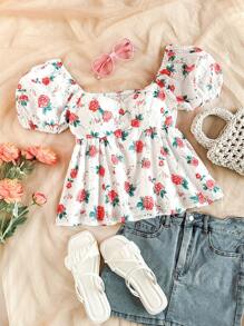 Soleia Western Wear Women, Corset Top For Women, Summer For Women, Summer Top, Vacation Women, Going Out Top Women, Concert Women, Rave Festival, Women's Romantic Floral Embroidered & Printed Puff Sleeve Ruffle Splicing Blouse With Tie Up Waist, Suitable For Vacation