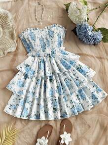 Soleia Vestido corto de estilo princesa con volantes multicapa y estampado floral romántico para vacaciones, Día de San Valentín, vestido de mujer, atuendos de vacaciones para mujer, vestido de cumpleaños para mujer, Mardi Gras, vestido formal para mujer