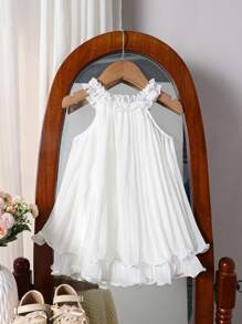 Baby Mädchen 0-3 Jahre Kleinkind elegantes Urlaubskleid, minimalistisch plissiert mit Rüschen-Träger, weiß, für Hochzeiten, Taufen, Alltagsausflüge, Frühling/Sommer - Weiss - Übersicht 6