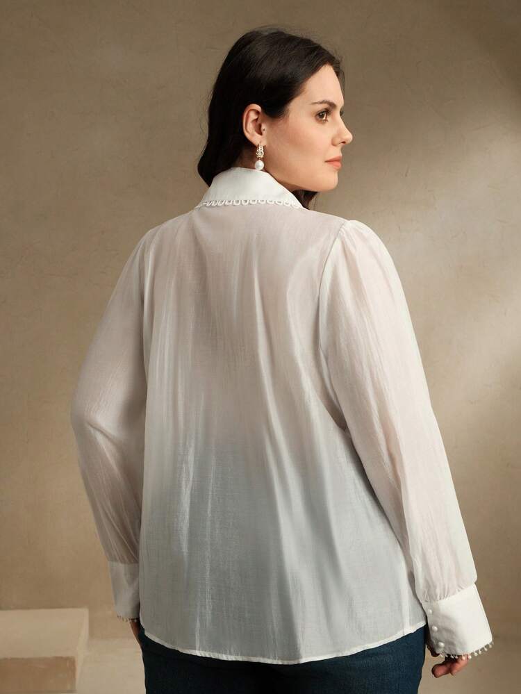 Plus Size Women Retro French Style Collared Puff Sleeve Blouse, Loose Fit Semi-Sheer Casual Spring