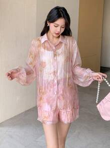 DAZY 2pcs Women Summer New Arrival Spring Style Floral Print Blouse & Shorts Set For Dating,Fall Women Clothes - Baby Pink - View 4