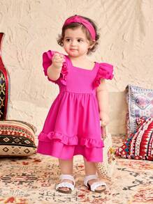 SHEIN Vestido de verano con volantes y adornos en tono fucsia para niña bebé - Rosa Fucsia - Ver 5