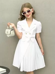 SHEIN Nova Glow Tween Girls Convertible Collar Patchwork Ruffle Hem Shirt Dress - White - View 1