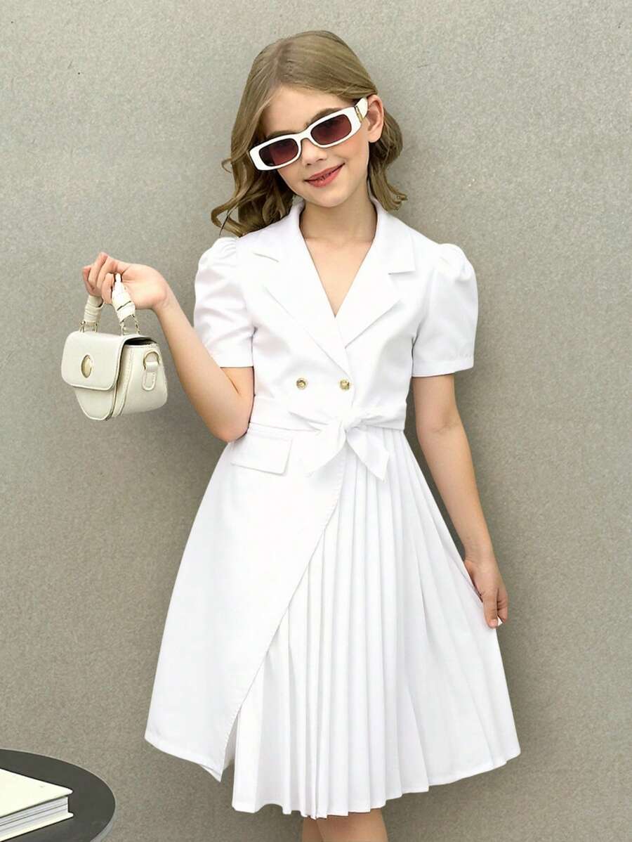 SHEIN Nova Glow Tween Girls Convertible Collar Patchwork Ruffle Hem Shirt Dress - White - View 1