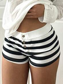 SHEIN PETITE Black & White Striped Casual Low Waist Shorts
