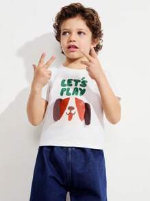 SHEIN Young Boys Dog Print Oversized Crew Neck Short Sleeve T-Shirt And Blue Denim Pants Set - White - View 6
