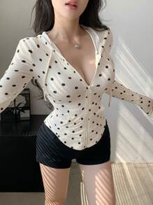 DAZY 连帽收腰口袋短款修身长袖女式拉链卫衣夹克 - 杏色 - 查看 3