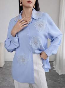 Modelyn 法式宽松串珠绣花女式衬衫，百搭优雅，春夏