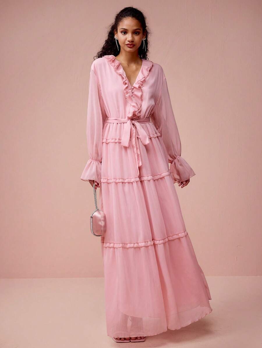 Enchnt Robe élégante femme romantique rose col V volant ourlet, douce et élégante pour la Saint-Valentin et les vacances, sortie romantique, usage quotidien, vacances et fêtes de jardin