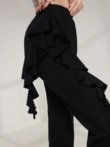 Modelyn Women's Solid Color Ruffle Trim Palazzo Pants - Black - View 4