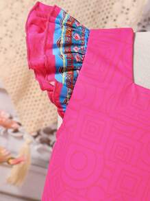 Tween Girl Floral Retro Print Loose A-Line Dress With Ruffled Short Cap Sleeves, Pink