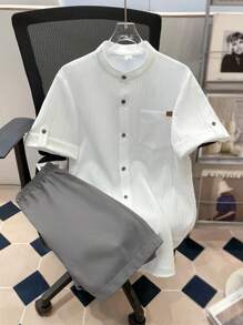 SHEIN Teen Boys Textured Wave Pattern Short Sleeve Shirt And Shorts Set, Casual & Comfortable, Spring/Summer - Grey - View 1