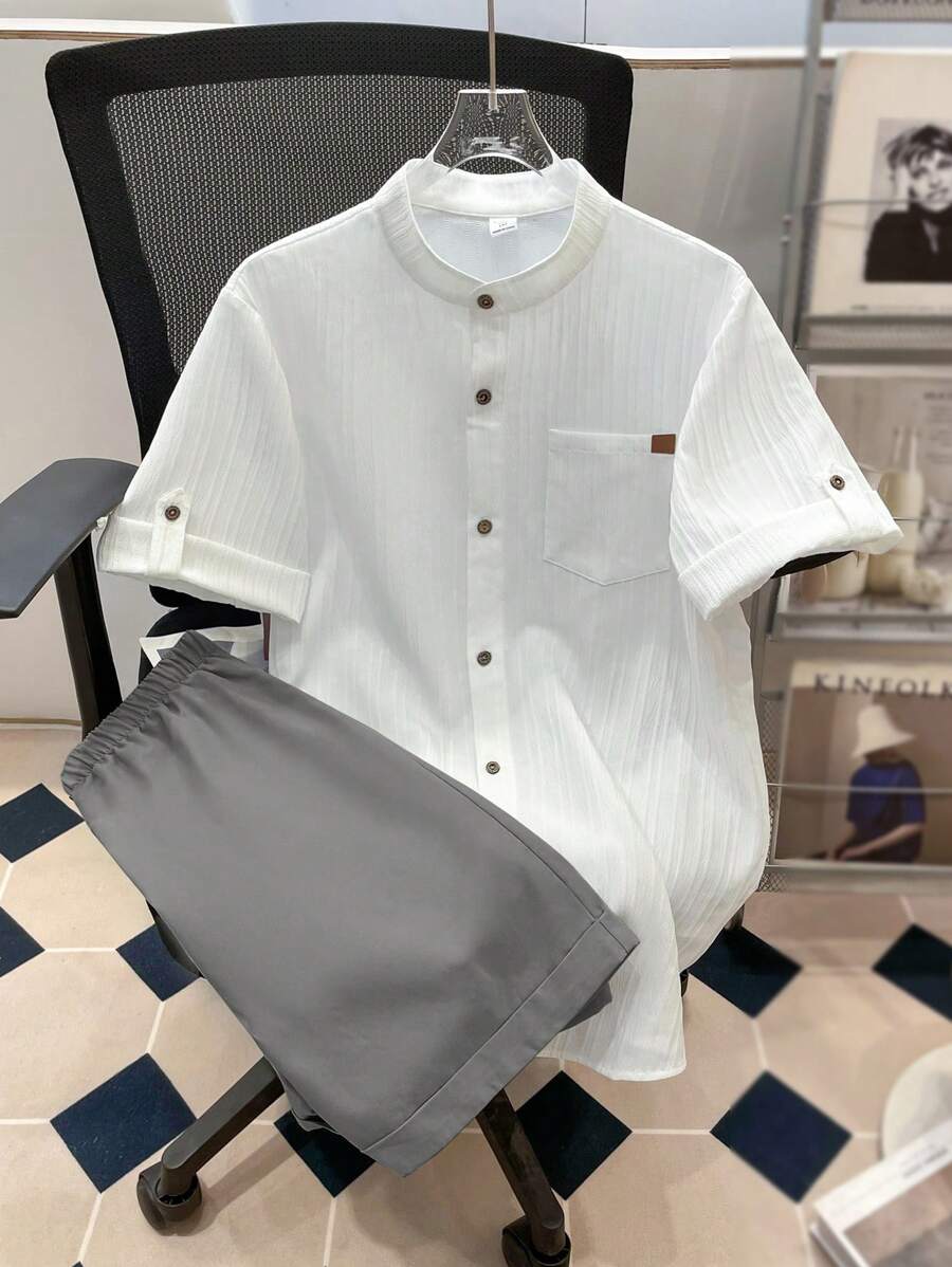 SHEIN Teen Boys Textured Wave Pattern Short Sleeve Shirt And Shorts Set, Casual & Comfortable, Spring/Summer - Grey - View 1