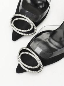 CUCCOO CHICEST Women's Rhinestone Buckle Embellished Transparent PVC Panel Pointed Toe Stiletto High Heel Pumps, Elegant, Luxurious, Romantic Summer New Black Satin Mule Formal Occasion Commute Party Gala Dress Shoes - Black - View 4