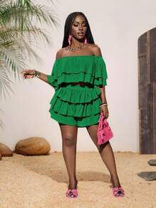 Slaydiva Women's Green Summer Boho Beach Holiday Two-Piece Set,Off Shoulder Double-Layered Ruffle Cropped Top&Multi-Layered Cake Skirt Mini Shorts Woven Outfit - Green - View 4