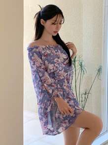 DAZY 女士极简时尚休闲和服印花罩衫连衣裙，适合日常穿着，夏季海滩度假，荷叶边露肩上衣，波西米亚风 - 彩色 - 查看 2