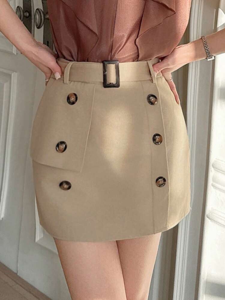 New Design High Waist Double Button Decor Mini Skirt For Women, Summer
